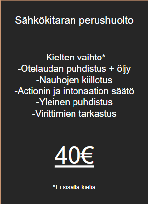 Halpa kitarahuolto Vantaalla, perushuolto 40€, otelaudan ja nauhojen puhdistus, otelaudan öljyäminen, nauhojen kiillotus, hienovireen ja actionin säätö.